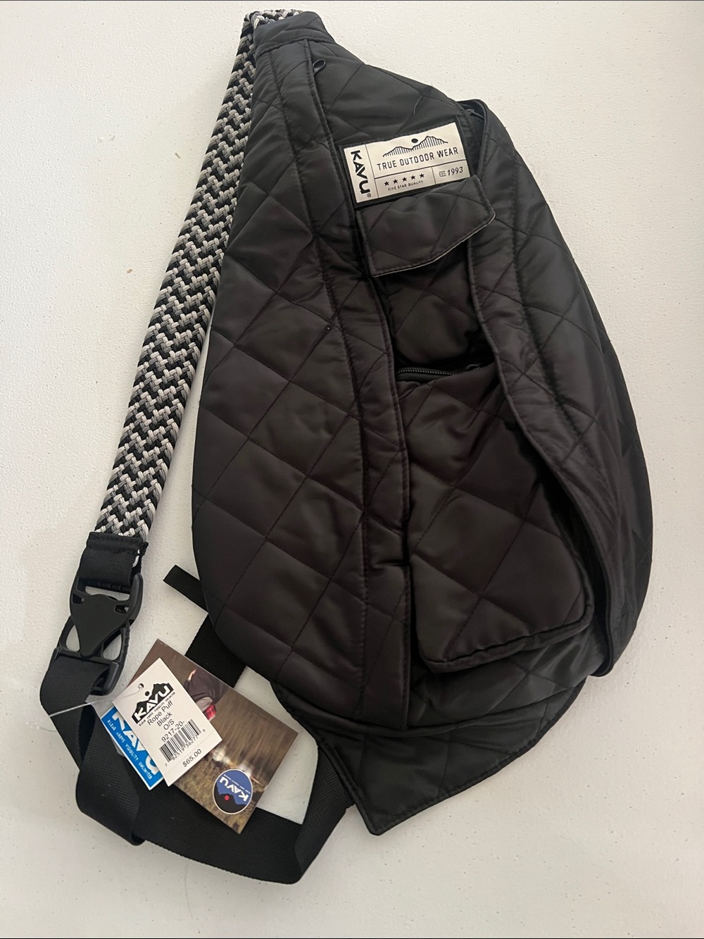 Kavu Black Quilted Sling Pack with Black-and-White Woven Strap